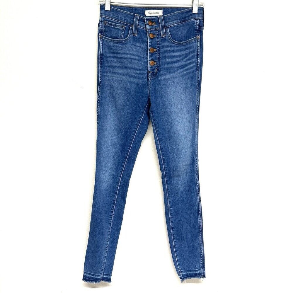 Madewell High-Rise Skinny Blue Denim Jeans 26 Button Fly Stretch Raw Hem Casual